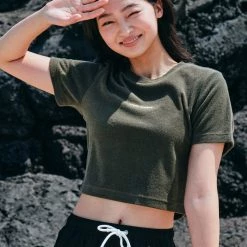 Volcom Street Style Short Sleeves Logo T-Shirts For Women Khaki X Xs -Volcom Sales Shop org 3193