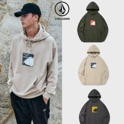 Volcom 2021-22FW Unisex Street Style Long Sleeves Cotton Logo Hoodies For Men Khaki X S