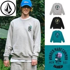 Volcom Unisex Street Style U-Neck Long Sleeves Cotton Logo For Men Green X S