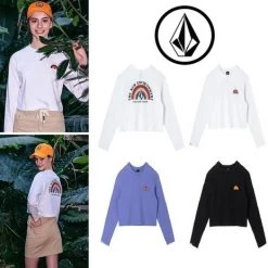 Volcom Short U-Neck Long Sleeves Cotton Long Sleeve T-shirt Logo For Women White X S