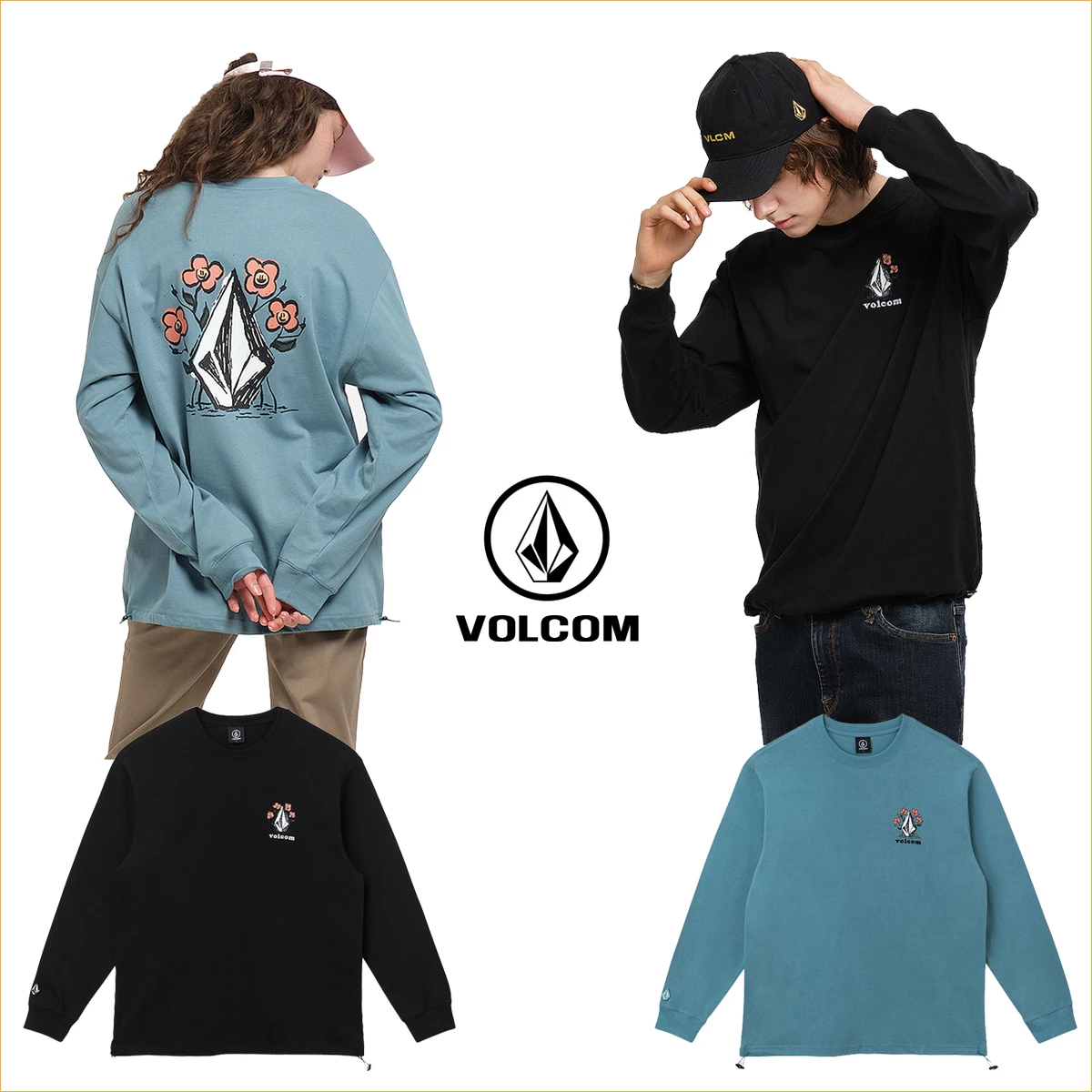Volcom Flower Patterns Unisex U-Neck Long Sleeves Cotton Logo For Women Blue Green X L 3 Volcom Flower Patterns Unisex U-Neck Long Sleeves Cotton Logo For Women Blue Green X L