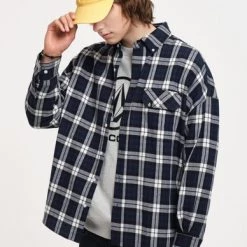 Volcom Unisex Street Style Long Sleeves Cotton Logo Shirts For Men Navy X M -Volcom Sales Shop org 6495